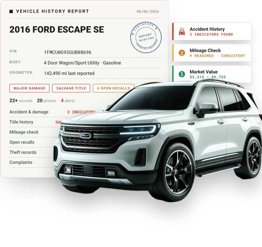 Vektracer vehicle history report for a 2016 Ford Escape SE showing major damage, a salvage title, 6 open recalls and a mileage check